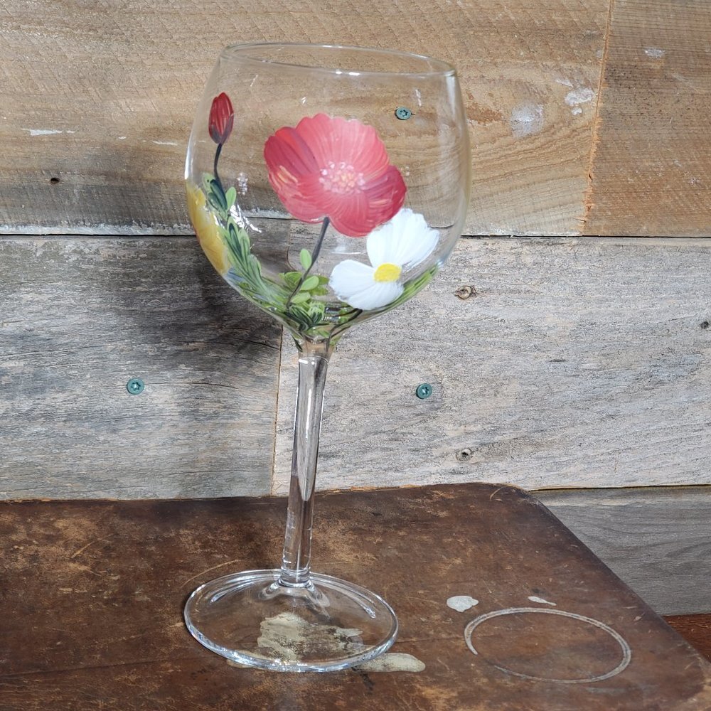 Hand Painted Red Wine Glass - Red, White & Yellow